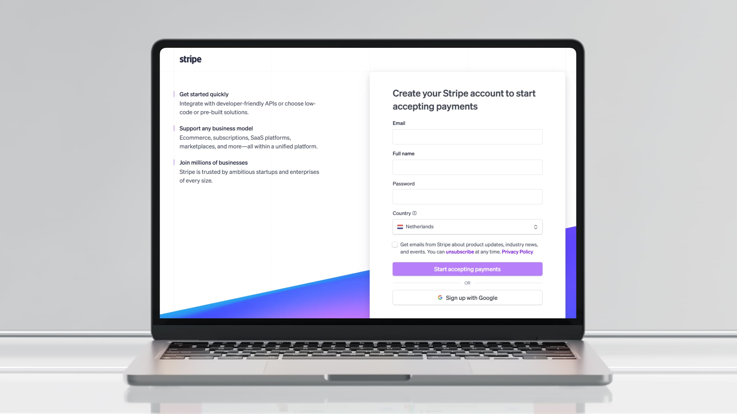 Регистрация в Stripe позволяет быстро начать принимать онлайн-платежи по всему миру.
